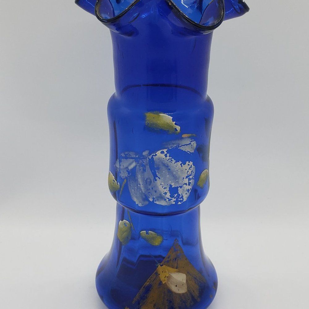 Blue Cobalt Vintage Floral Crimped Bottom Ruffle Top Vase